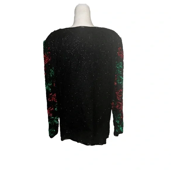 Vintage beaded, sequins Christmas jacket green & red bows silk - Picture 3 of 5
